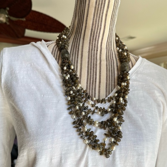 Jaden Labradorite Green Moss & Real Pearl Huge Multi-strand Necklace Heavy Duty - Picture 6 of 16